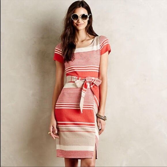 Anthropologie Lilka Sorella Mixed Stripes Short Sleeve Belted Dress in Red & Tan - Picture 3 of 12